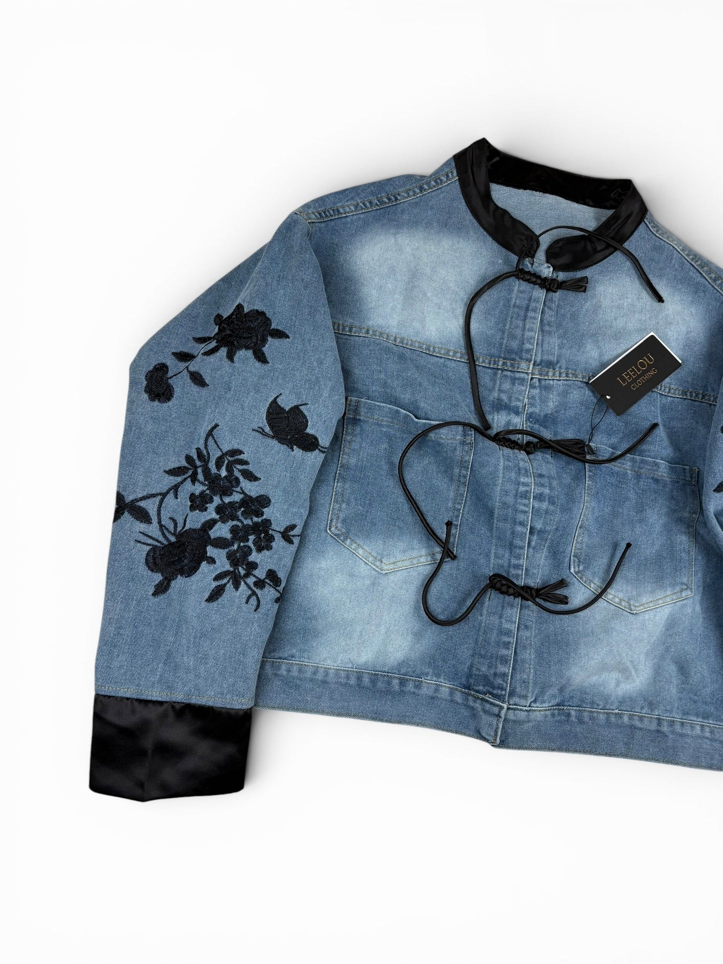 Denim Floral Tie Front Jacket