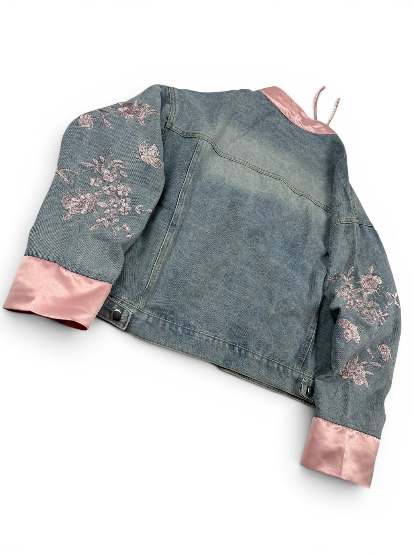 Denim Floral Tie Front Jacket