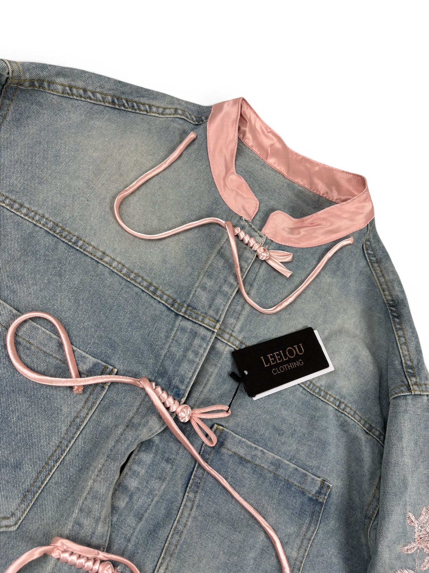 Denim Floral Tie Front Jacket
