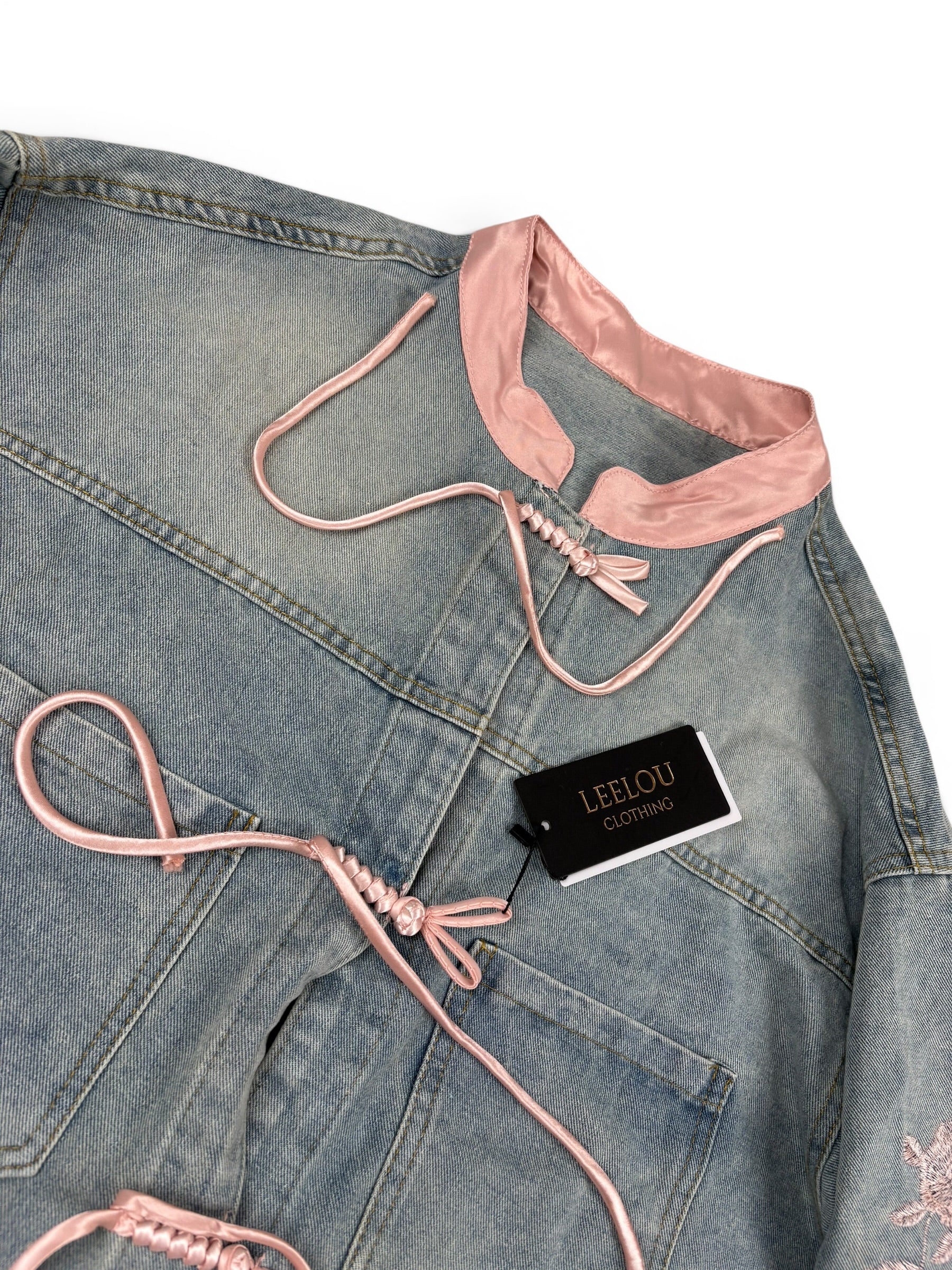 Denim Floral Tie Front Jacket