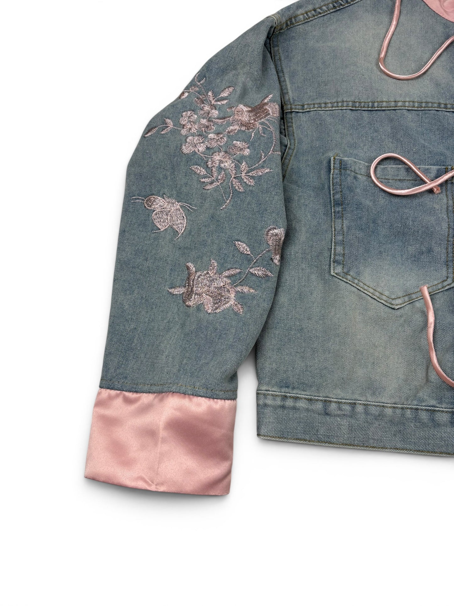 Denim Floral Tie Front Jacket
