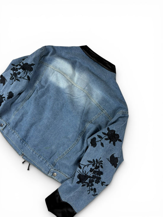 Denim Floral Tie Front Jacket