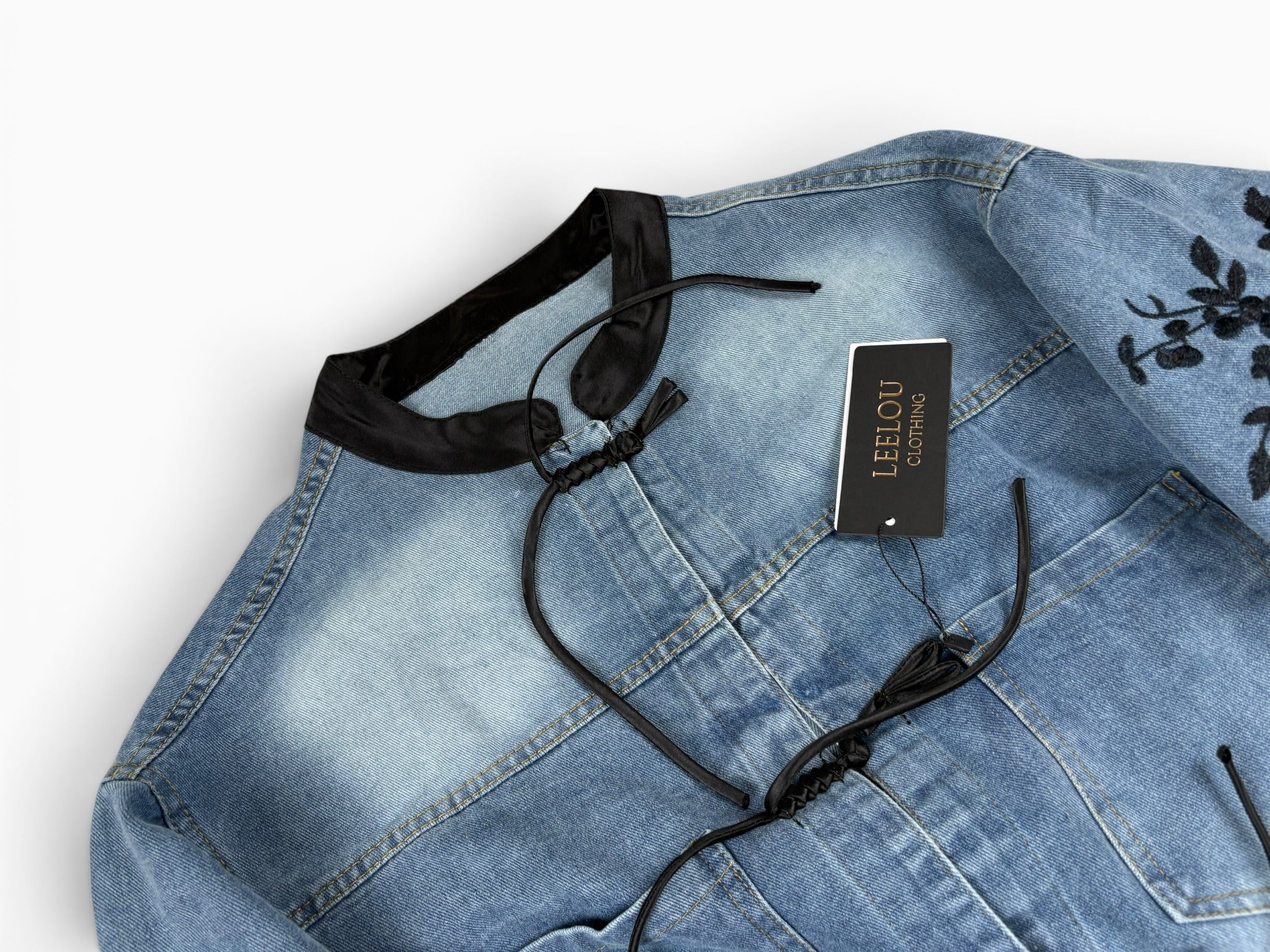 Denim Floral Tie Front Jacket
