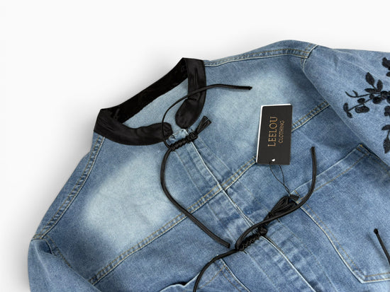 Denim Floral Tie Front Jacket